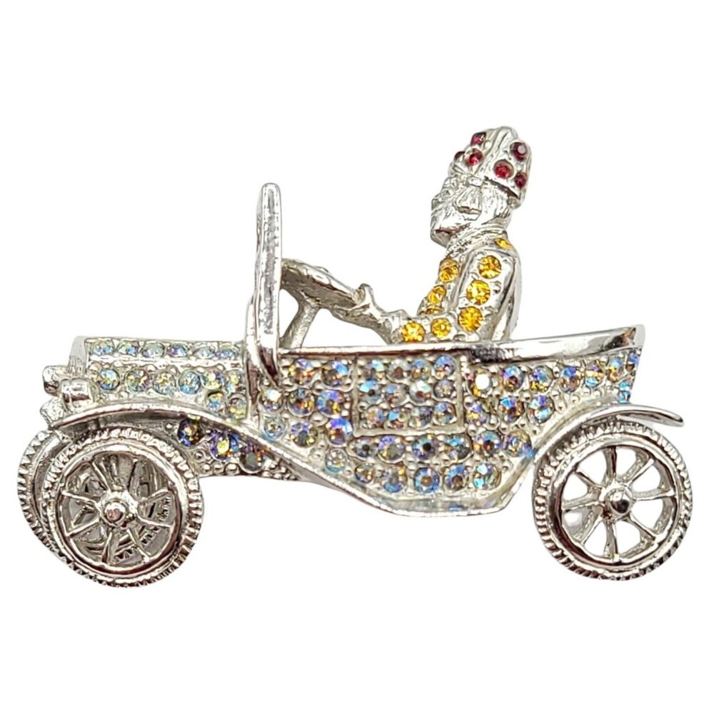 Ora Silvertone Multi Color Rhinestone Car, Driver Shriner Brooch Pin
